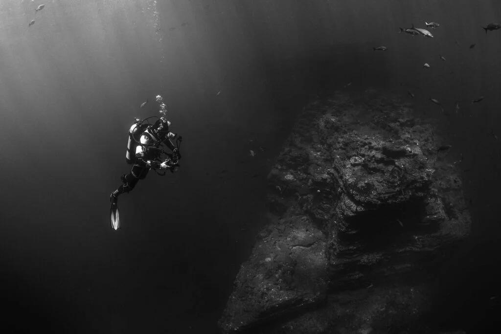 Ein Taucher in schwarzer Ausrüstung schwimmt über eine Unterwasserstruktur.